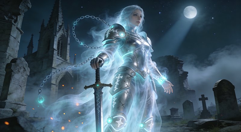 Ethereal armored warrior with a glowing sword in a moonlit graveyard.