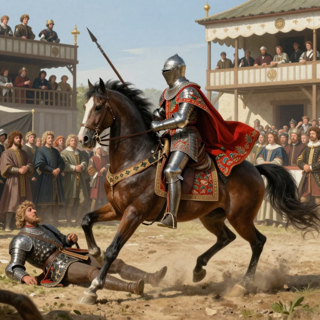 Medieval knight in armor on a galloping horse during a tournament, striking down a fallen opponent.