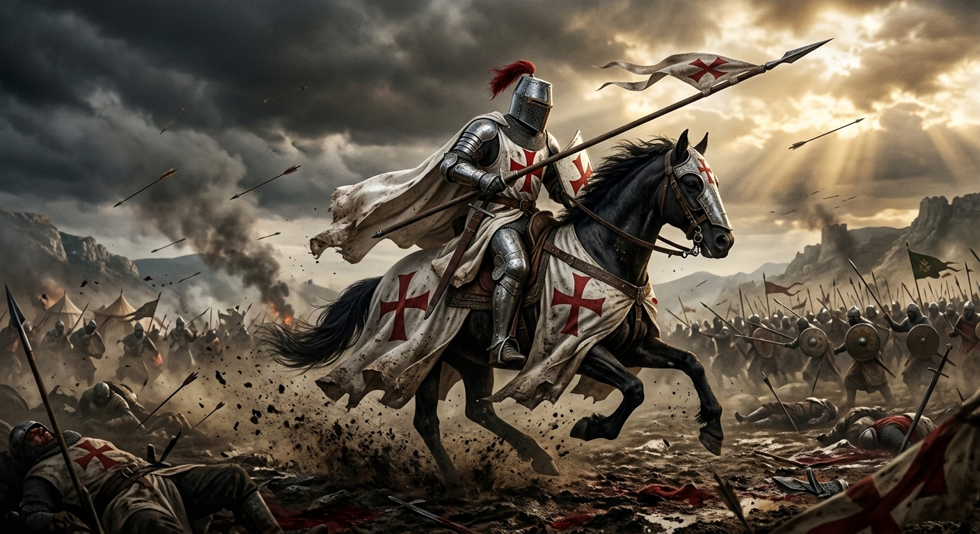 Crusader knight in radiant armor mounted on a horse charging through a chaotic medieval battlefield.