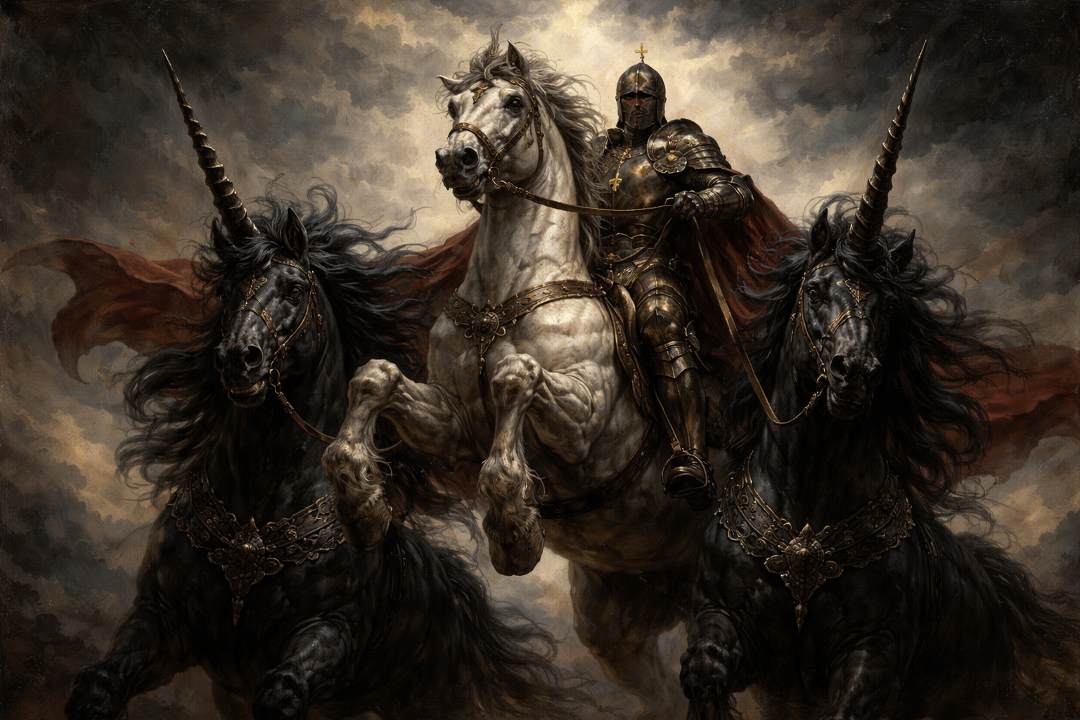 A medieval knight in shining armor rides a white horse flanked by two dark unicorns under a stormy sky.
