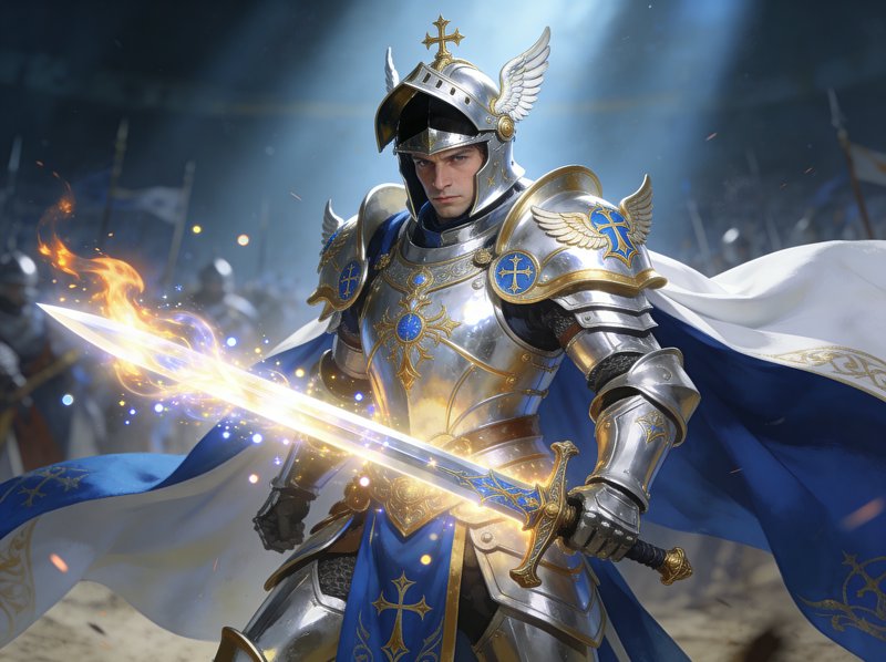 A knight in winged helm and shining silver armor with a glowing sword and blue cape on a battlefi...