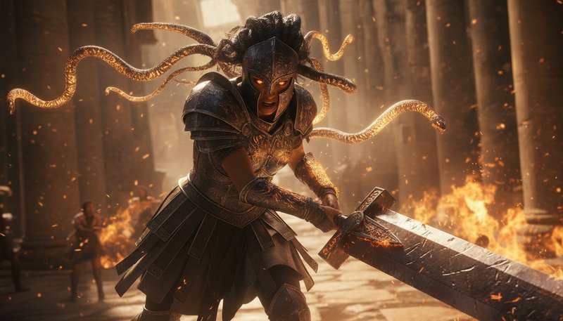 Armored female warrior with glowing eyes and snake-like braids wielding a large sword in a fiery ...