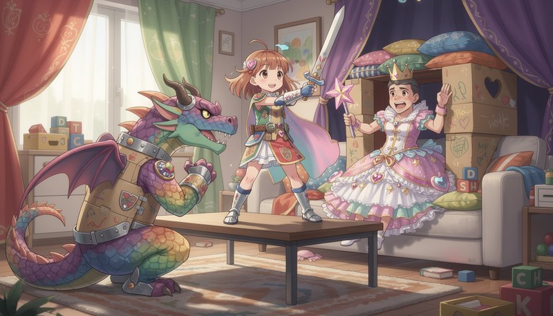 Young girl with a sword battles a colorful dragon in a cozy playroom.
