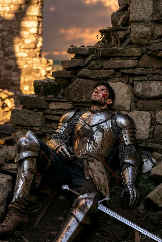 Medieval knight in battered armor resting against ancient stone ruins at sunset.