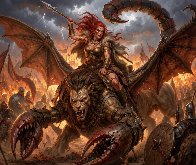 Fierce red-haired barbarian warrior raises a spear while riding a chimera war beast across a fier...