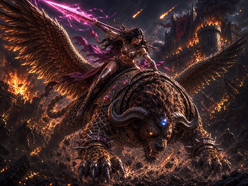 Fierce female fantasy warrior wields glowing pink magic spear while riding an armored manticore a...