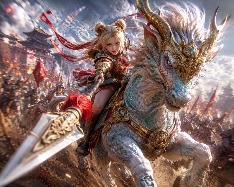 [Blonde armored female fantasy warrior charges atop an ornate kirin mount holding a spear on a chaotic battlefield]