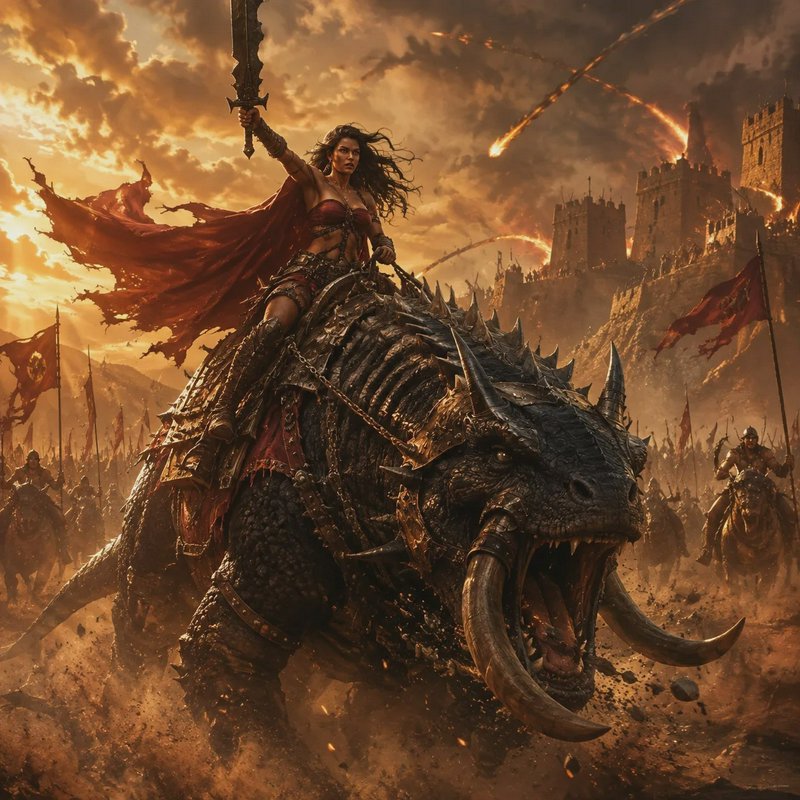 Female warrior queen raises a sword charging atop an armored tusked war beast during a fiery fant...