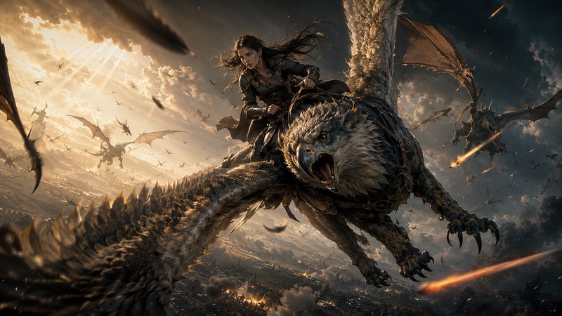 Armored female fantasy warrior riding a roaring griffin mid-flight during a chaotic aerial dragon battle at golden sunset.
