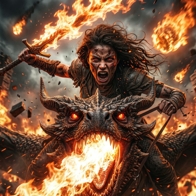 Fierce female warrior with a flaming sword rides a fire-breathing dragon across a chaotic burning...