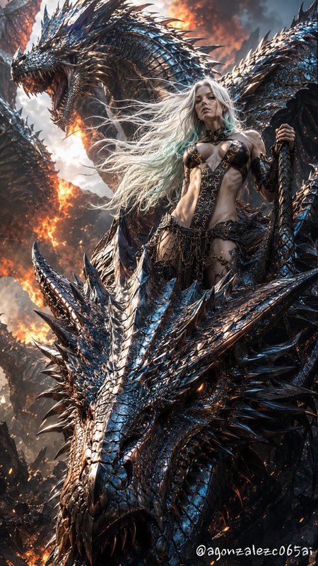 [Platinum-haired fantasy dragon queen stands atop massive spiked metallic dragons above a fiery apocalyptic battlefield]