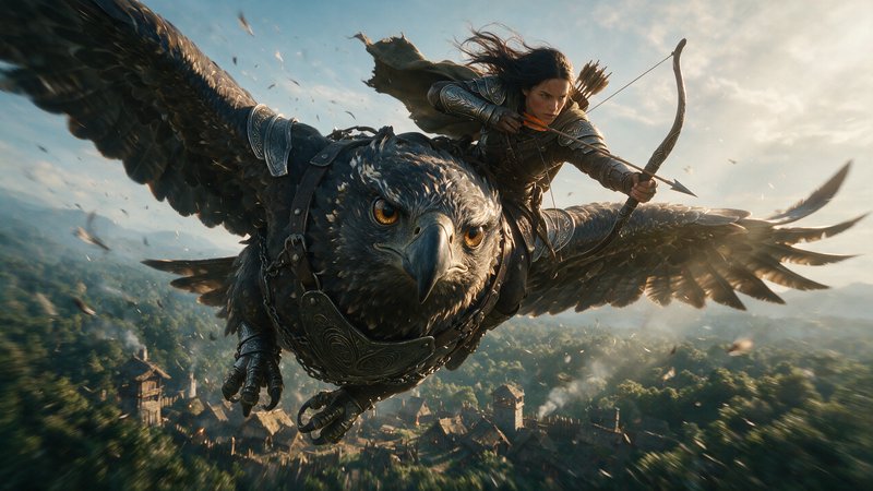 [Armored fantasy archer draws a bow while riding an armored giant war eagle flying over a forest village]