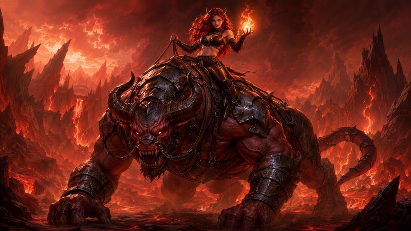 Red horned tiefling sorceress holds fire magic while riding an armored demonic minotaur across a ...