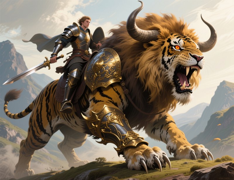 Armored fantasy knight rides a roaring, horned lion-tiger chimera mount across a sunlit mountain ...