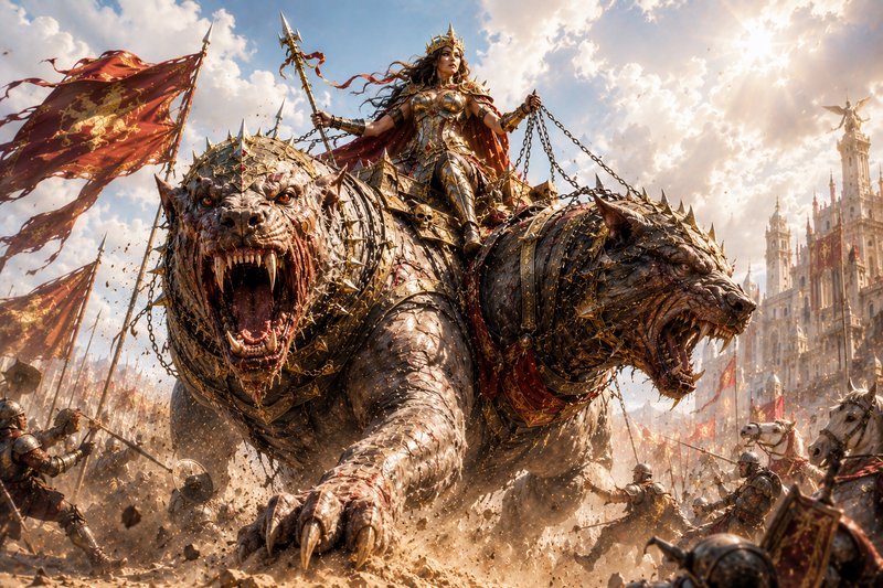 Armored crowned fantasy queen rides a massive snarling two-headed war beast leading an army into ...