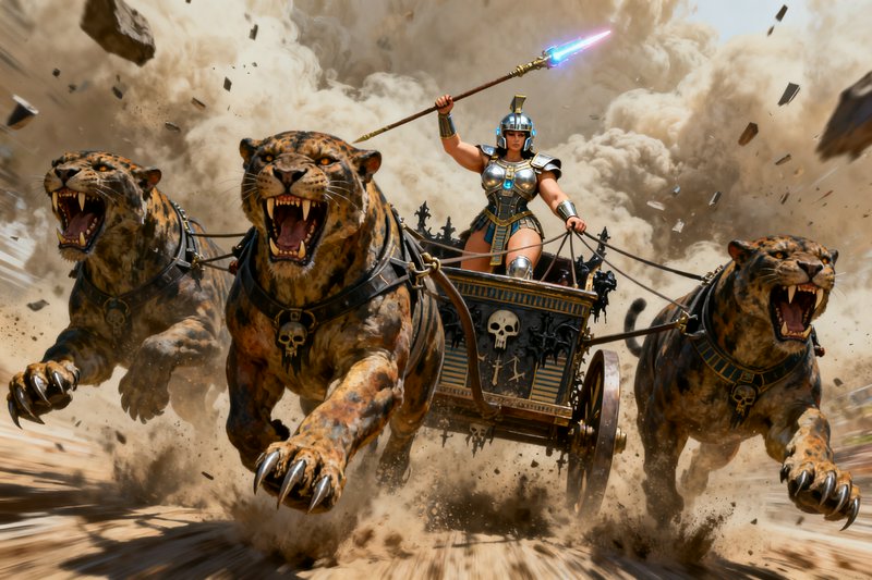 Armored female warrior holds a glowing spear while driving a skull-adorned chariot pulled by roar...