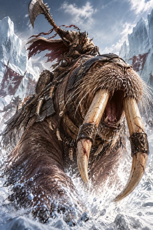 Viking warrior raising a spiked battle axe rides an armored roaring giant walrus charging across ...