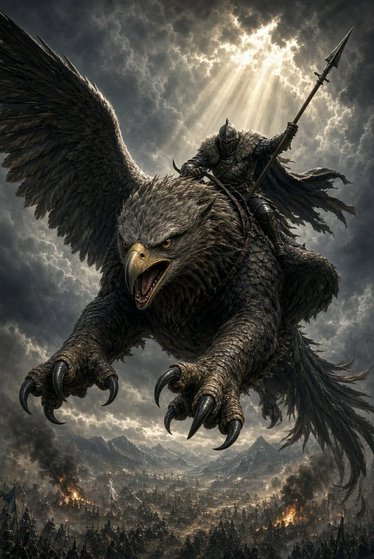 Armored fantasy warrior riding a snarling giant griffin flying over a burning battlefield under s...