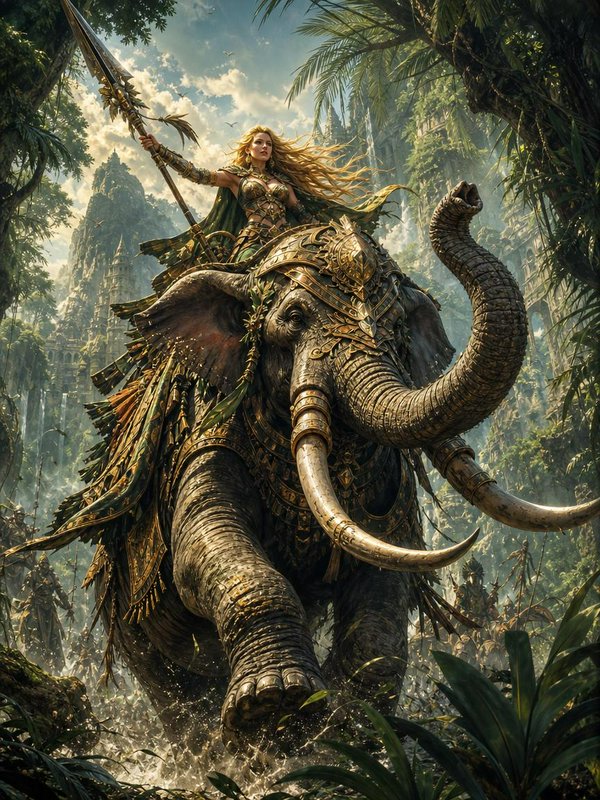 Blonde fantasy warrior queen holding a raised spear rides an ornate gold-armored elephant through...