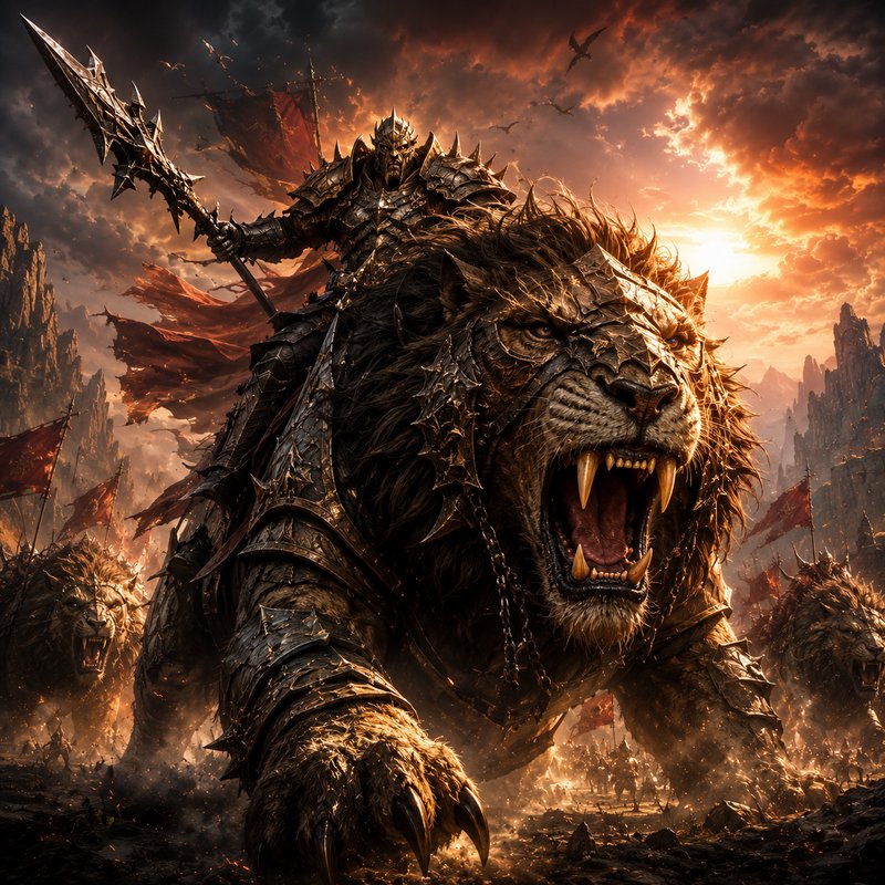 Armored fantasy warlord with a jagged spear rides a roaring spiked armored war lion charging acro...