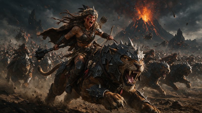 Fierce screaming female barbarian warrior leads a cavalry charge atop an armored war tiger, erupt...