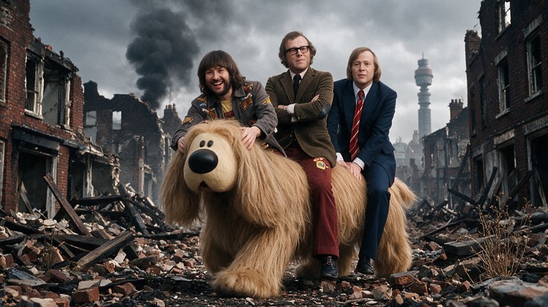 Three 1970s The Goodies cast members riding a large fluffy dog puppet through bombed London warti...