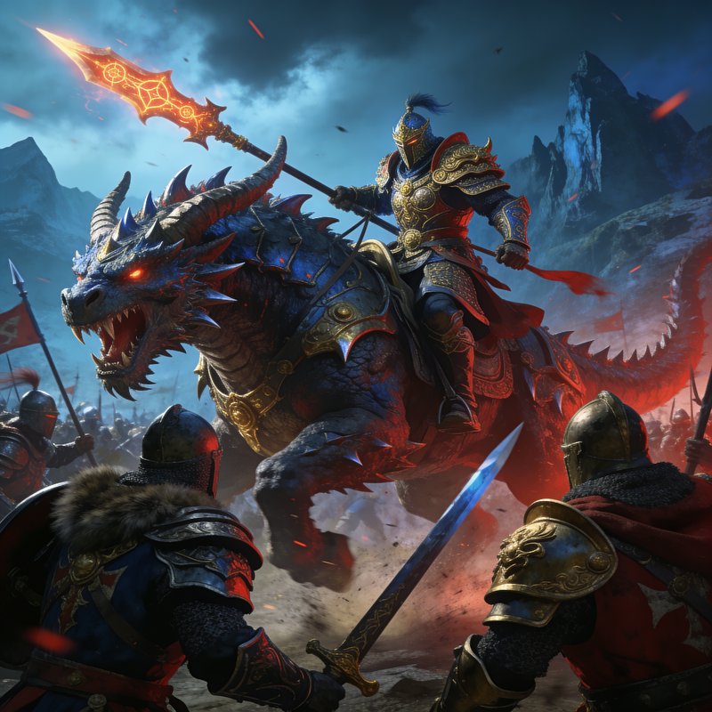Ornate armored knight with glowing rune spear rides spiked war dragon charging into a chaotic fan...