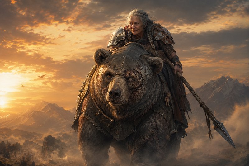 Elder female warrior in armor rides a scarred armored battle bear across misty mountains at golde...