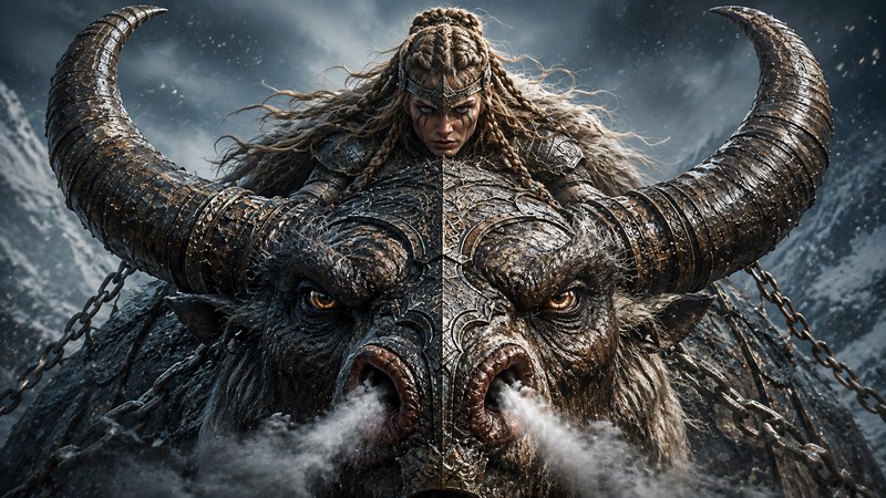 Fierce braided viking shieldmaiden riding a massive armored chained horned frost beast in a snowy...