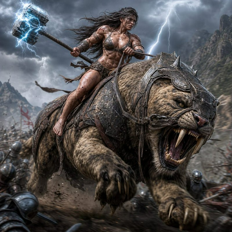 Battle-hardened female warrior rides armored sabertooth, wielding lightning hammer on a stormy fa...