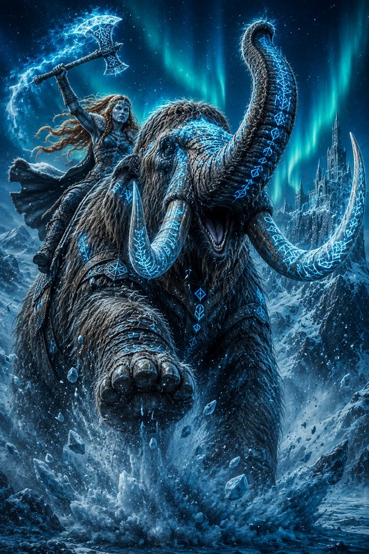 Frost giant Viking warrior rides a rune-etched woolly mammoth while wielding a glowing ice axe un...