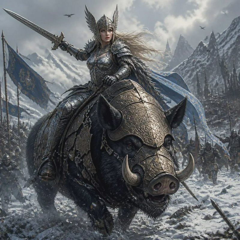 Armored valkyrie warrior with raised sword rides an armored war boar, leading an army across a sn...