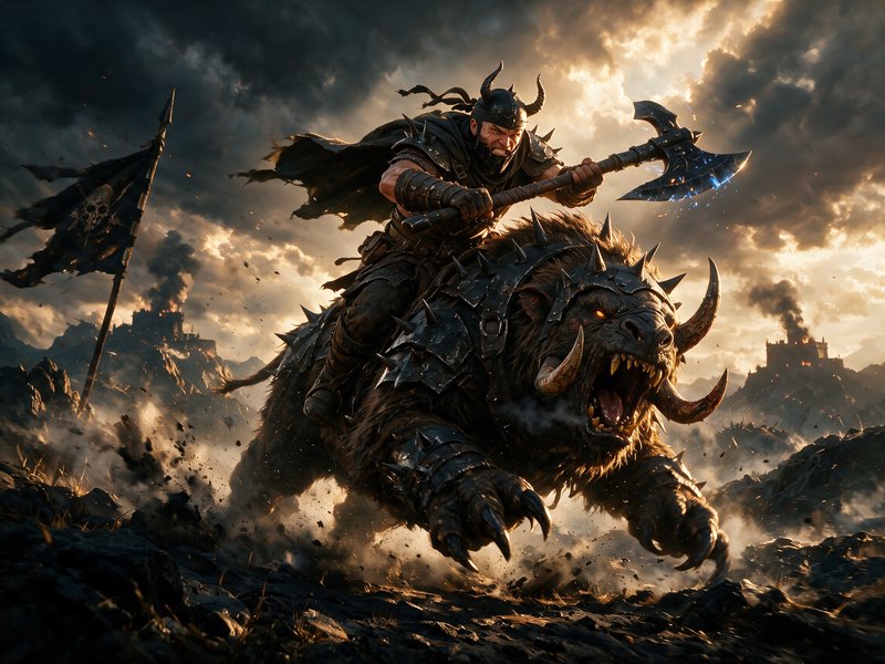 [Fierce horned viking warrior charges on an armored war boar, wielding an enchanted battle axe across a stormy fantasy bat...