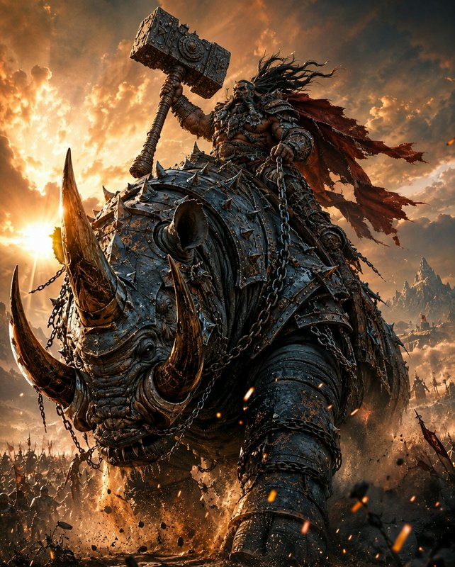 Muscular bearded warrior with giant war hammer rides a spiked armored war rhino charging across a...