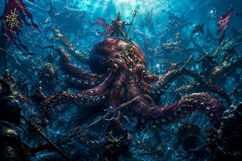 Armored sea king wields a trident atop a giant crowned octopus, leading an undersea warrior army ...