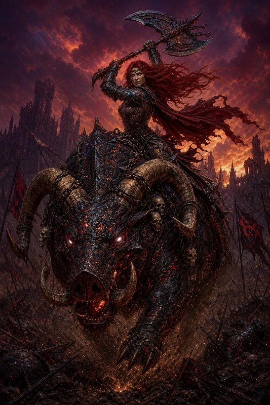 Fierce red-haired armored warrior raises a battle axe while riding a glowing demonic war boar acr...