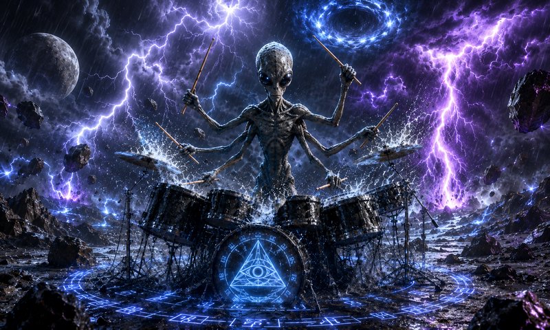 Six-armed grey alien plays a glowing rune-etched drum kit under dramatic purple and blue lightnin...