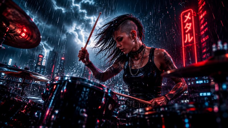 Tattooed mohawk female drummer plays drums in pouring rain overlooking a neon cyberpunk city duri...