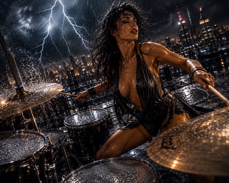Female drummer plays a rain-soaked drum kit on a stormy urban rooftop as lightning illuminates th...