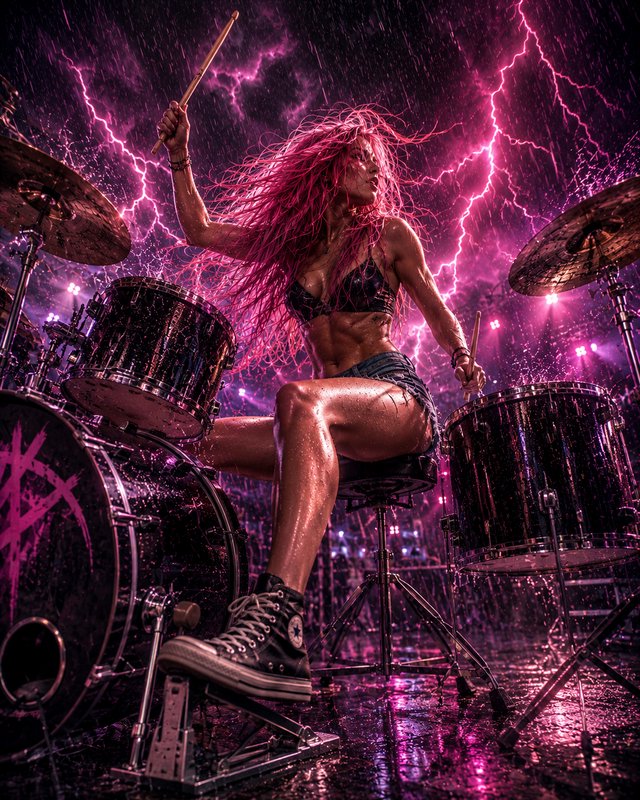 Fierce pink-haired female drummer plays a drum kit mid-performance on a rain-soaked concert stage...