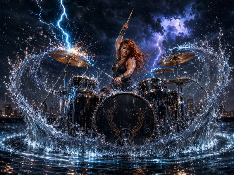 Red-haired female drummer plays an ornate drum kit surrounded by water splashes under a lightning...