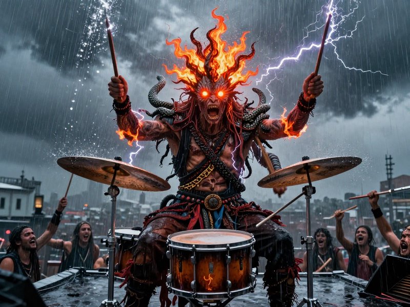 Fiery horned demon drummer plays drums amid lightning and rain, as cheering heavy metal fans watc...