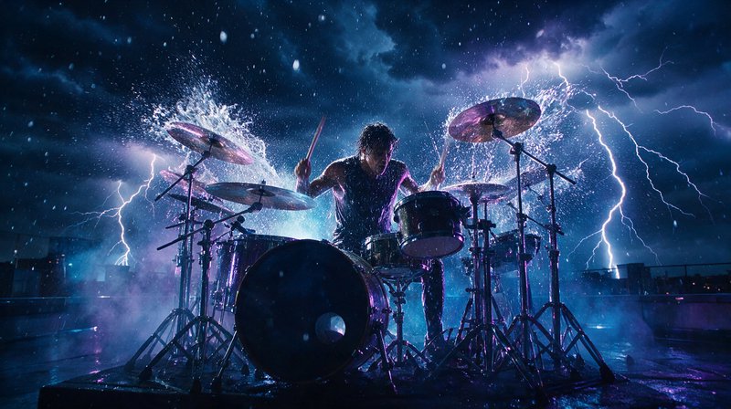 Intense drummer plays a full drum kit on a rainy rooftop, lightning flashing as water splashes of...