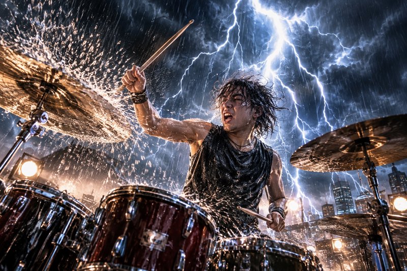 Soaked energetic rock drummer plays a drum kit mid-performance under a stormy sky with bright lig...