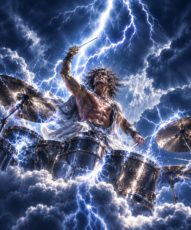 Shirtless mythic thunder god drummer plays a metal drum set surrounded by crackling lightning abo...