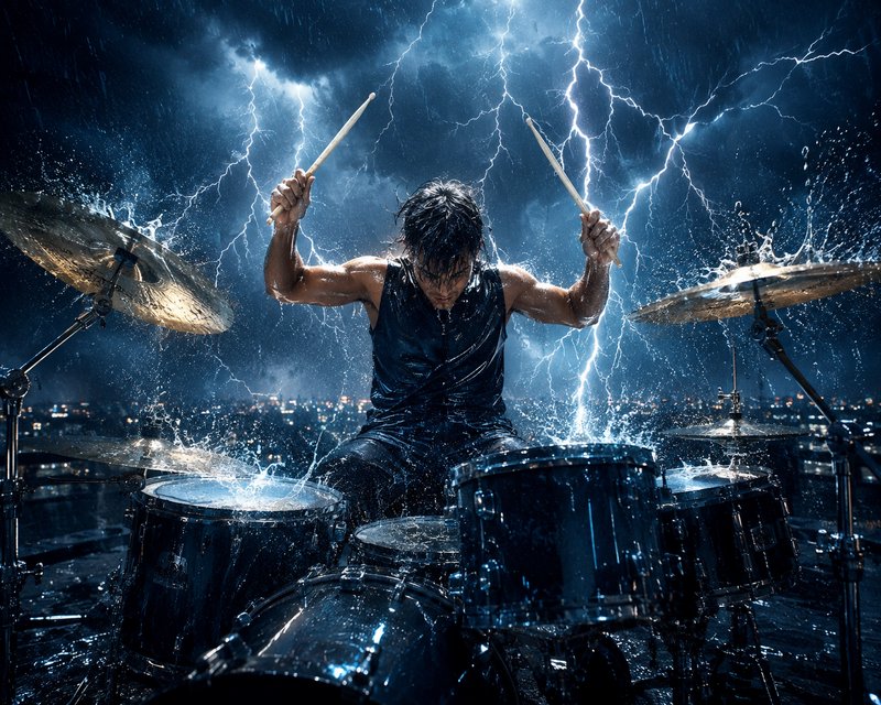 Intense drenched male drummer raises drumsticks to strike a wet drum set as lightning flashes ove...