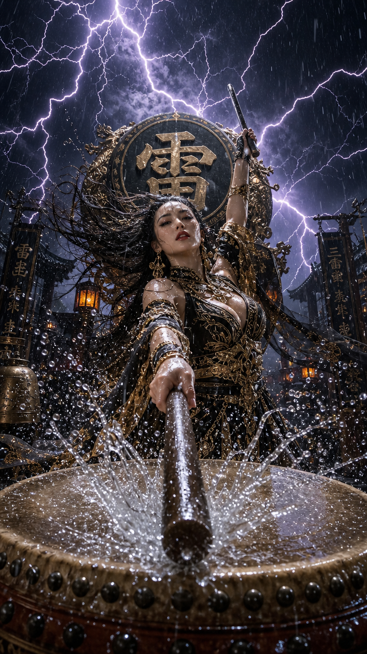 Powerful fantasy thunder goddess striking a water-slicked drum beneath crackling purple lightning in a stormy East Asian s...