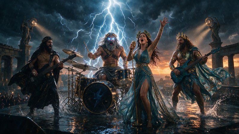 Mythological Greek god rock band performs on a rain-soaked ancient stage, lightning flashing behi...
