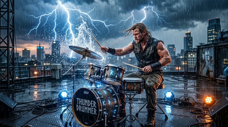 Rugged Thor-inspired drummer plays a rune-adorned drum set on a rain-soaked city rooftop during a...