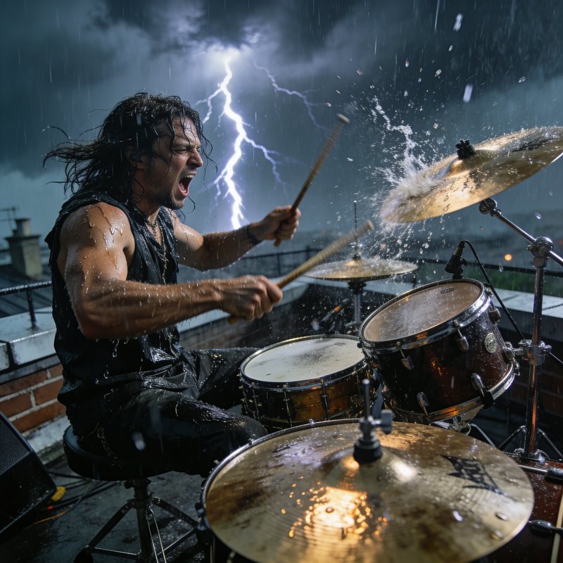 Intense long-haired rock drummer plays drums on a rainy rooftop while lightning flashes in the st...